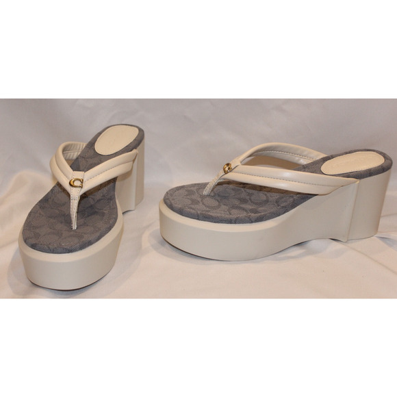 COACH SIGNATURE JACQUARD FRANKI THONG FLIP FLOP SANDALS NIB CHALK - Picture 5 of 6